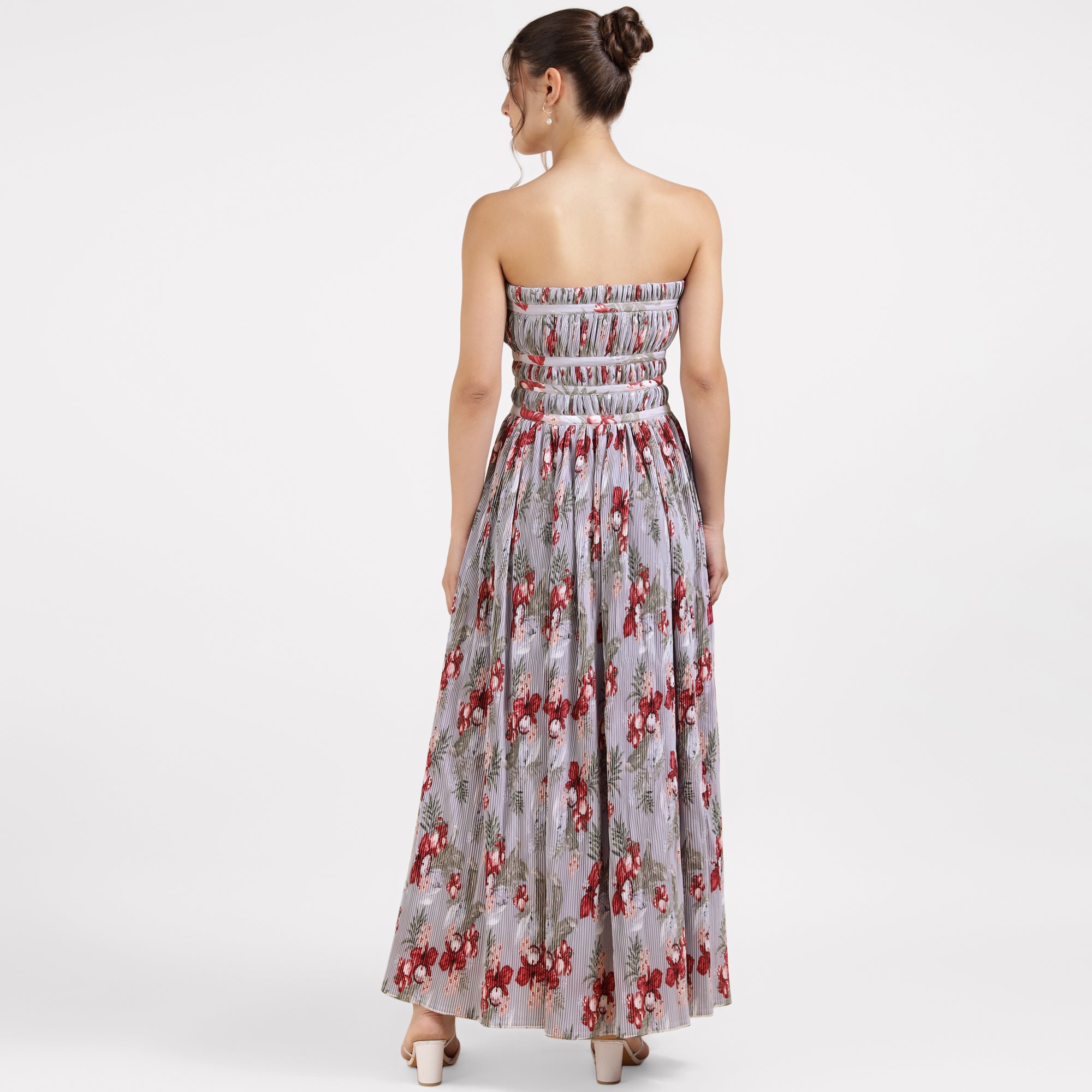 Lavender Strapless Pleated Floral Maxi Dress